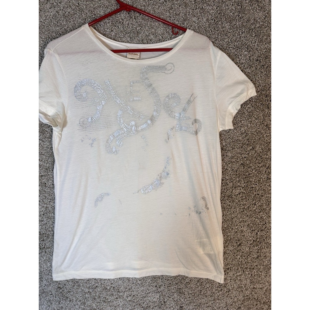 Diesel Metallic Silver Foil Logo Tee Women's‎ Size Large White Short Sleeve
